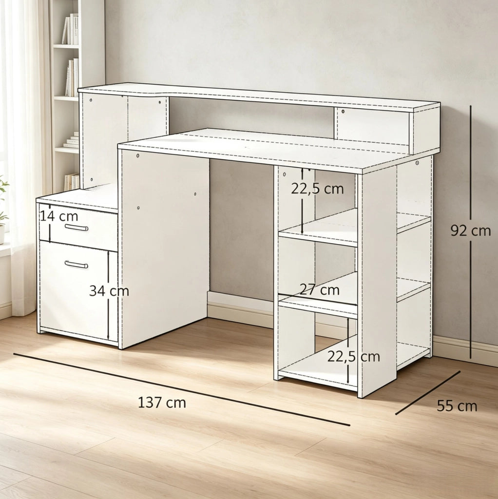 Scrivania compatta con cassetti e ripiani aperti in MDF e alluminio, 137x55x92 cm, ideale per studio e lavoro