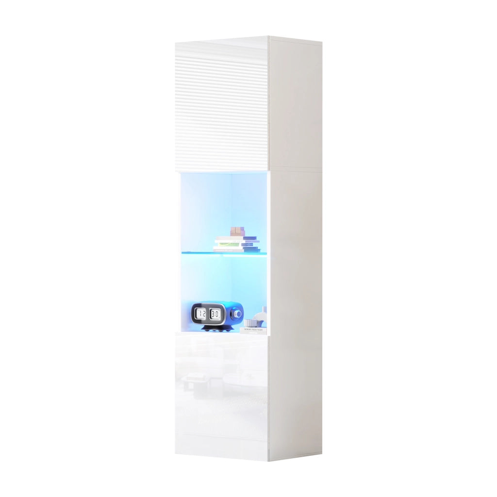 Vetrina alta con LED Bluetooth e ripiano in vetro temperato in truciolare bianco lucido 45 × 35 × 160 cm