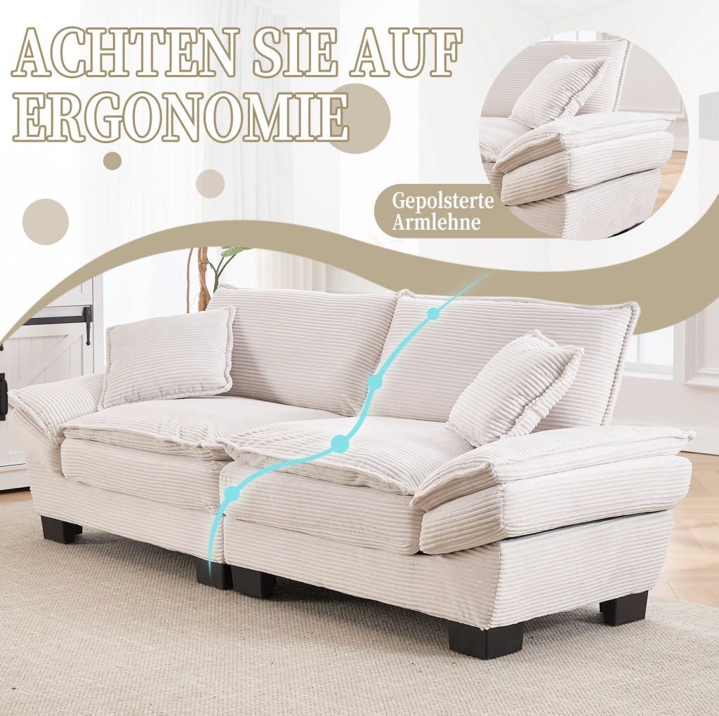 Divano a due posti in velluto beige con struttura in legno e gambe in plastica, 224x81x81 cm