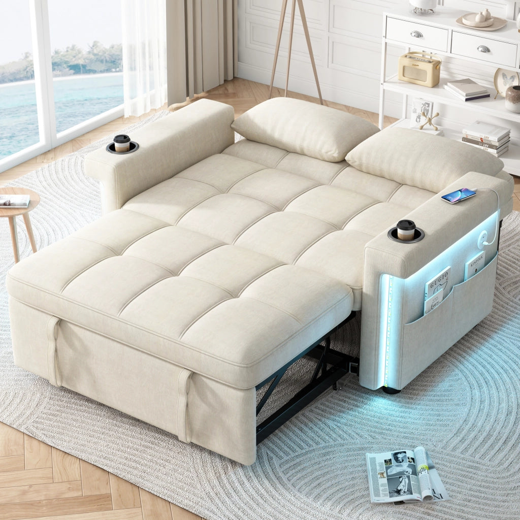 Divano letto 2 posti con LED, USB e USB-C, schienale regolabile in ciniglia beige