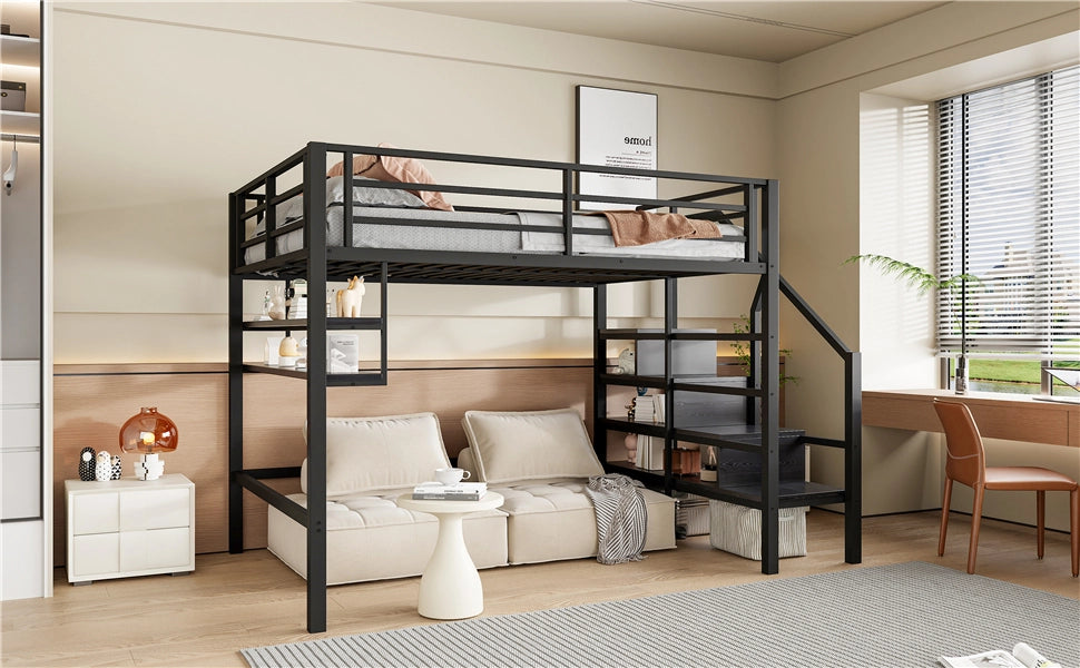 Letto a soppalco 140 × 200 cm con scaffali e scala contenitore in metallo e MDF nero