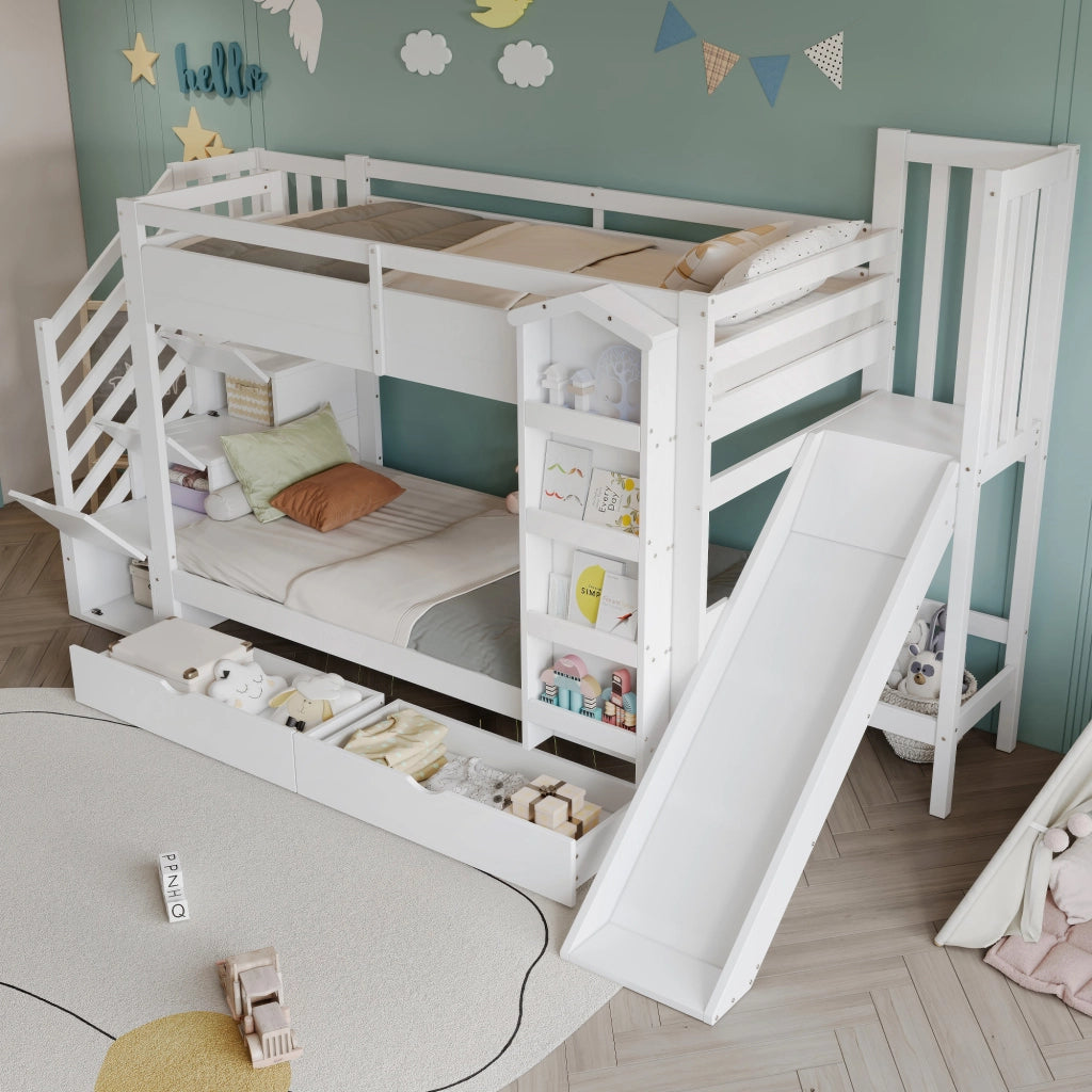 Letto a Castello 90x200 cm con Scivolo; Libreria; 2 Cassetti e Scala con Contenitori; Legno Bianco