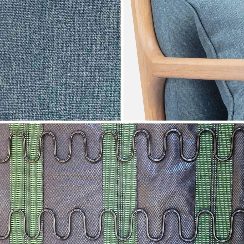 Poltrona scandinava in legno e tessuto con braccioli, blu