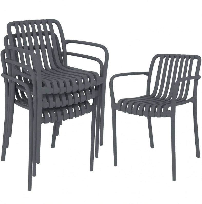 Set di 4 Sedie da Giardino Impilabili con Braccioli e Design a Lamelle, Ergonomiche, Grigio Scuro