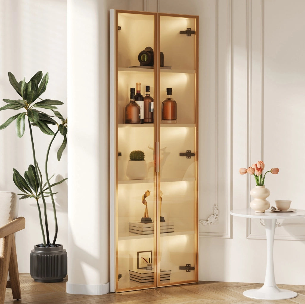 Vetrina angolare 62x35x160 cm con LED integrati; vetro temperato e MDF; bianco