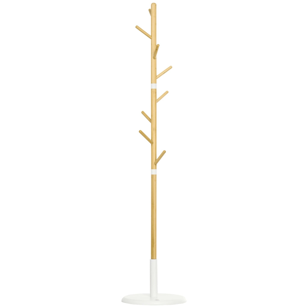 Appendiabiti da Terra ad Albero con 8 Ganci in Bambù e Metallo Base Rotonda Salvaspazio per Ingresso Ø37.8x175.6 cm Bianco e Legno