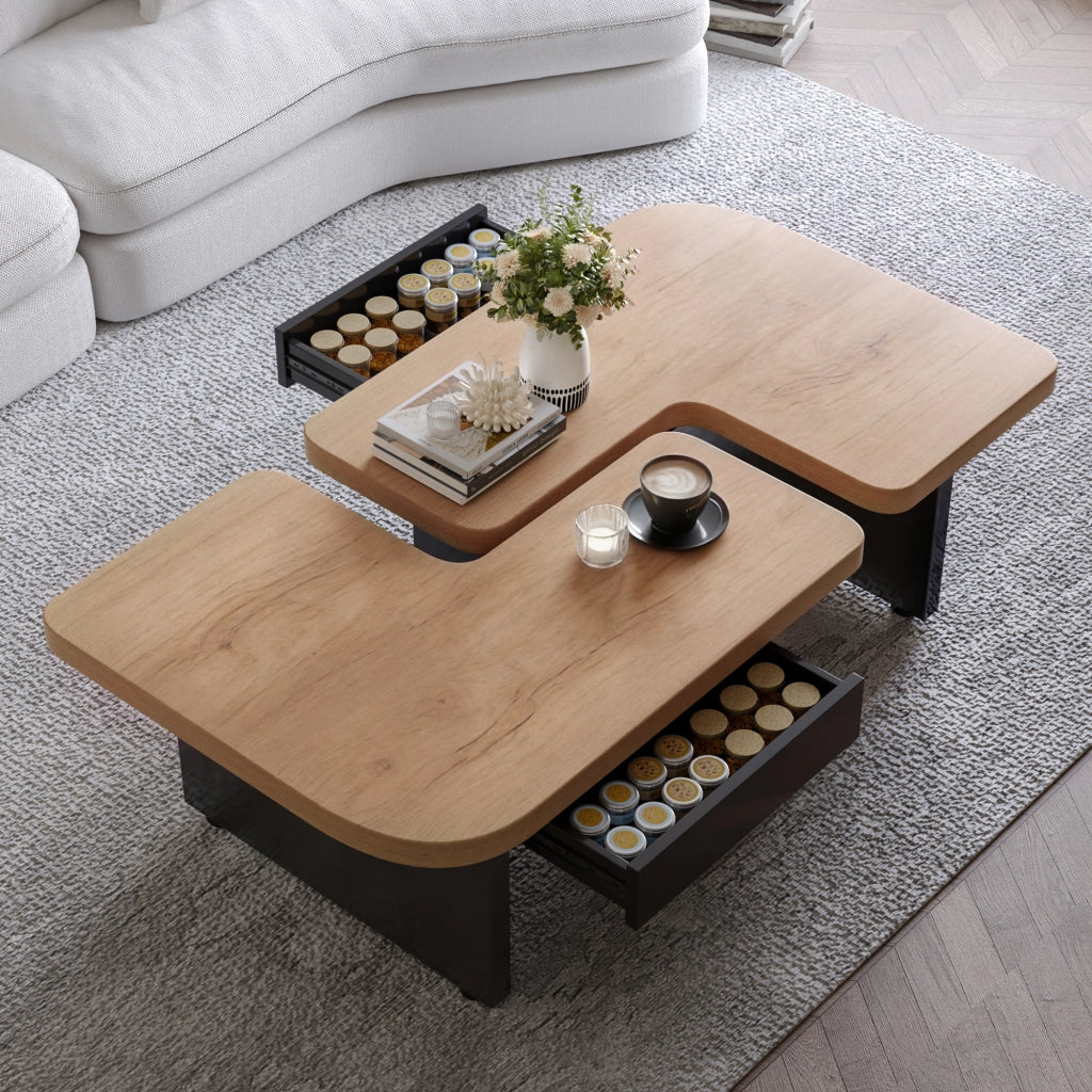 Tavolino da salotto LED con 2 cassetti e tavolini laterali separabili, in MDF naturale e nero, 90 × 60 × 44,5 cm
