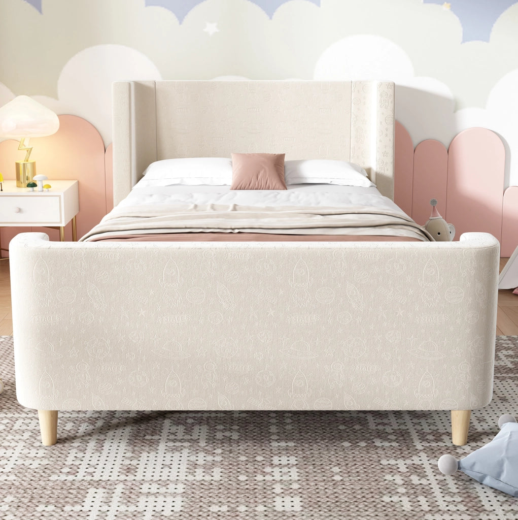 Letto a slitta per bambini 90x200 cm in velluto beige con motivo spaziale; rete a doghe