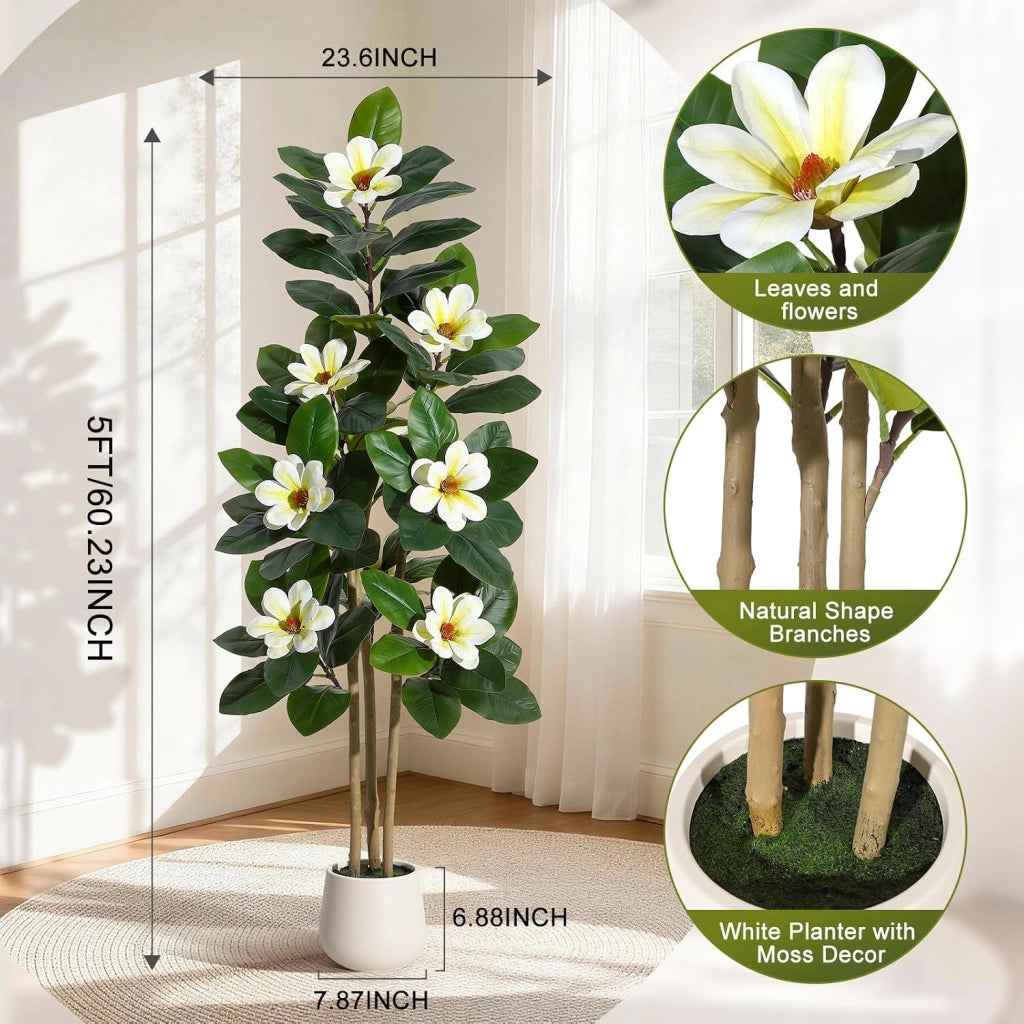 Ficus Artificiale 152 cm con Foglie Real Touch Tronchi Multipli e Vaso