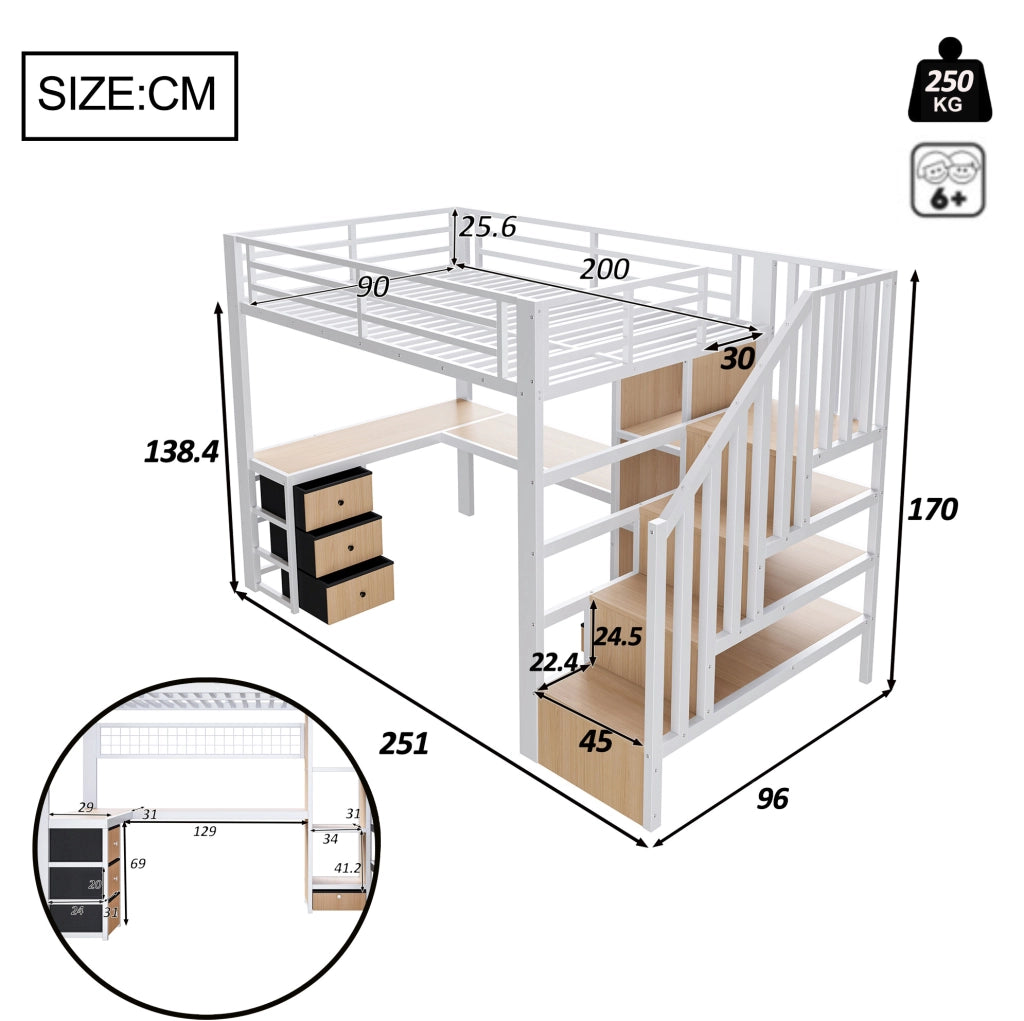 Letto a soppalco 90 x 200 cm in metallo bianco con scrivania; LED; 4 cassetti e scale contenitore