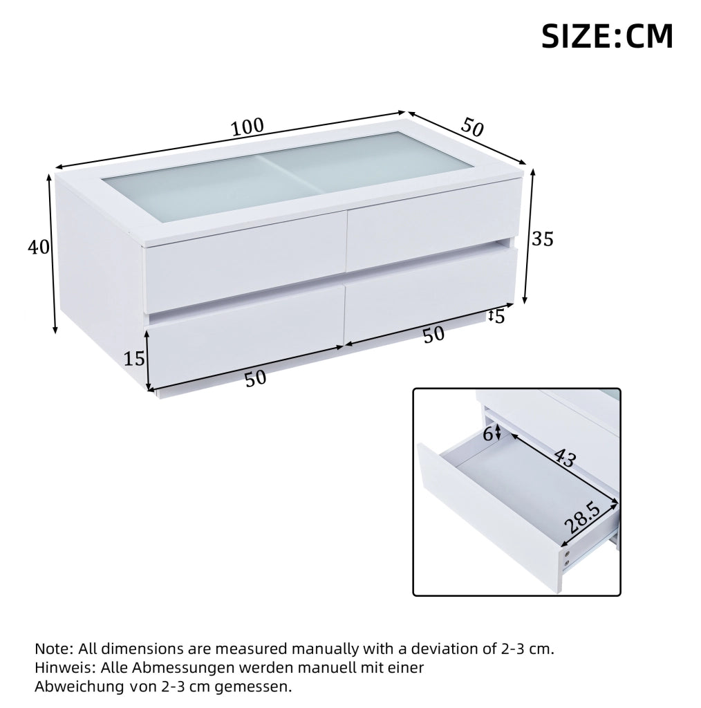 Tavolino da caffè moderno bianco 100x50x40 cm con 4 cassetti; LED; vetro temperato