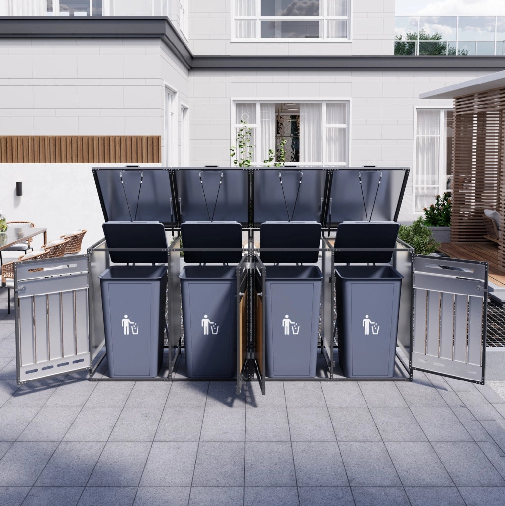 Cassonetto porta rifiuti a 4 scomparti con coperchio idraulico, rivestimento effetto legno verticale, ventilazione a fori lunghi, struttura in ferro con serratura