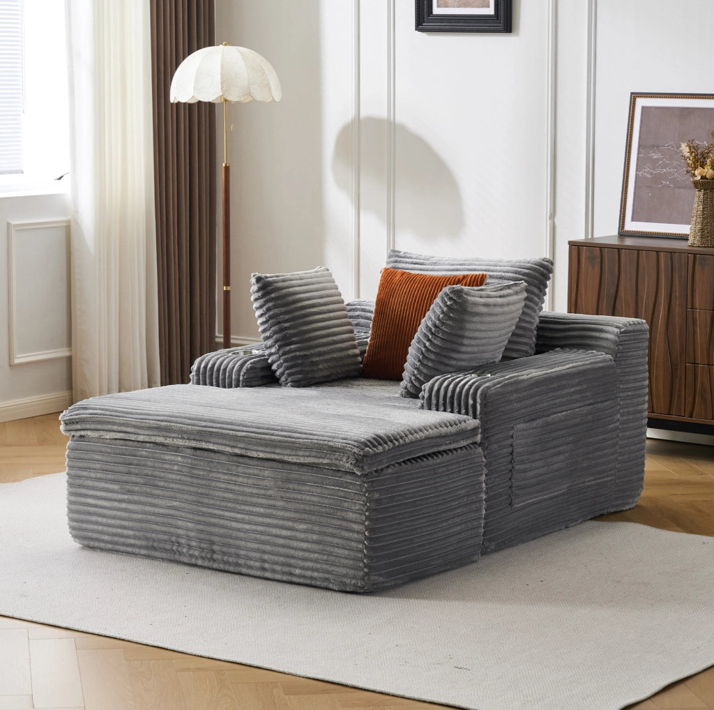 Divano letto senza schienale con chaise longue in tessuto vellutato grigio, 3 cuscini e coperta integrata, senza montaggio