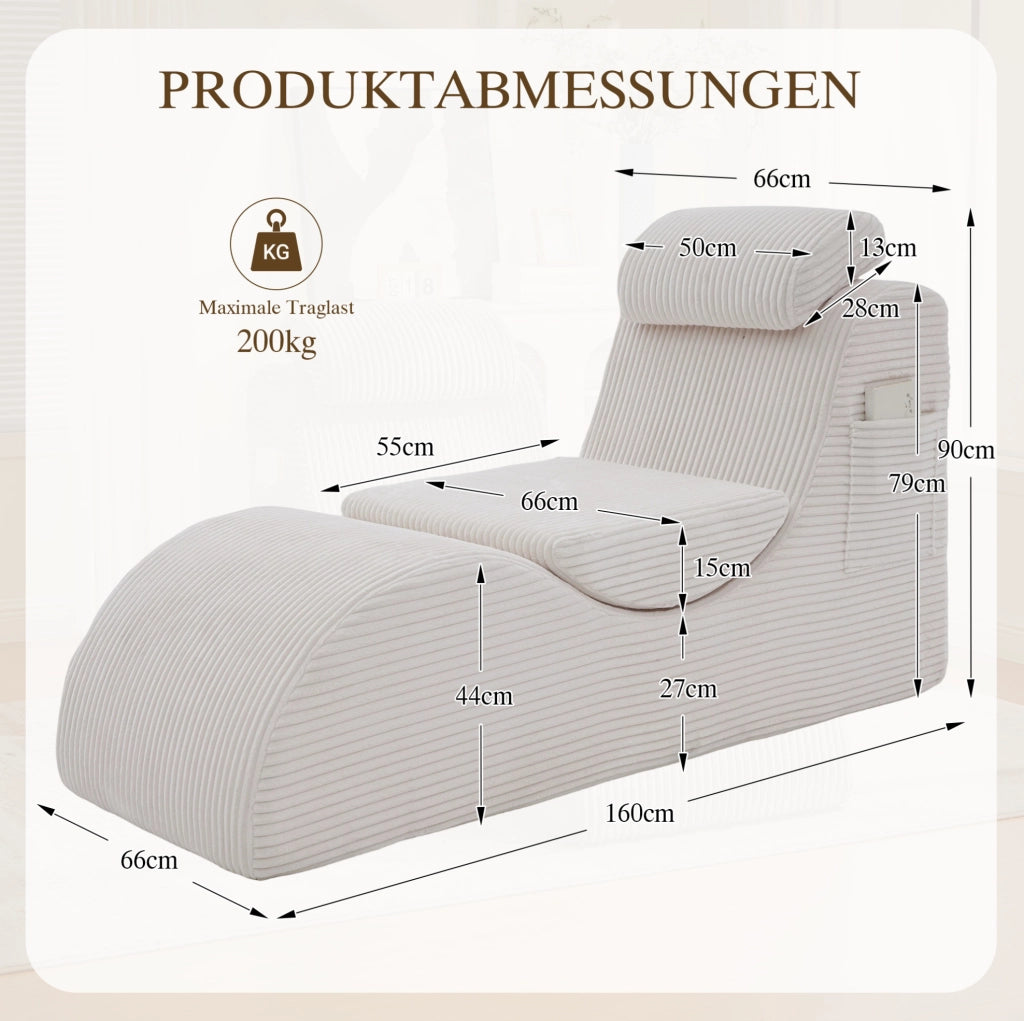 Poltrona singola ergonomica 160x66x90 cm in velluto a coste beige; con tasca laterale