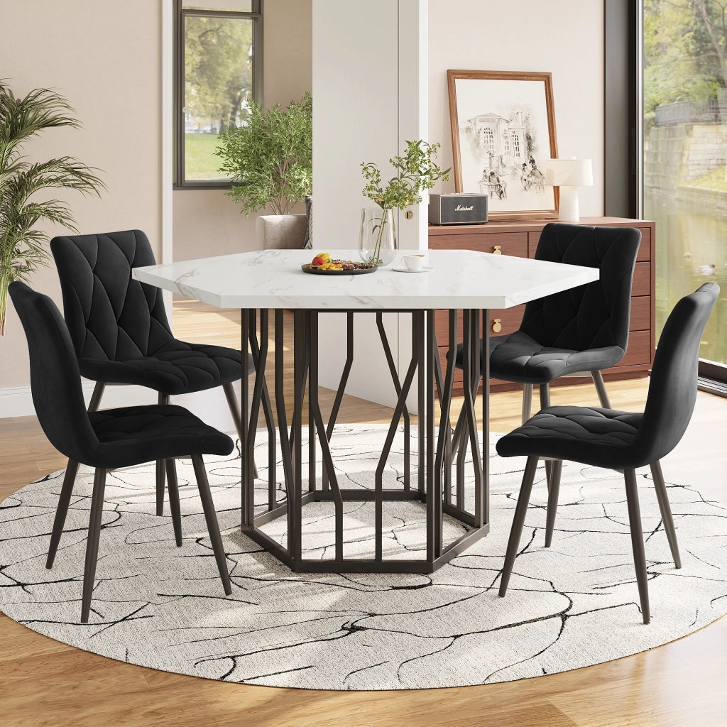 Set Tavolo da Pranzo Esagonale e 4 Sedie in Velluto ¨C Xylo ¨C Effetto Marmo, Nero