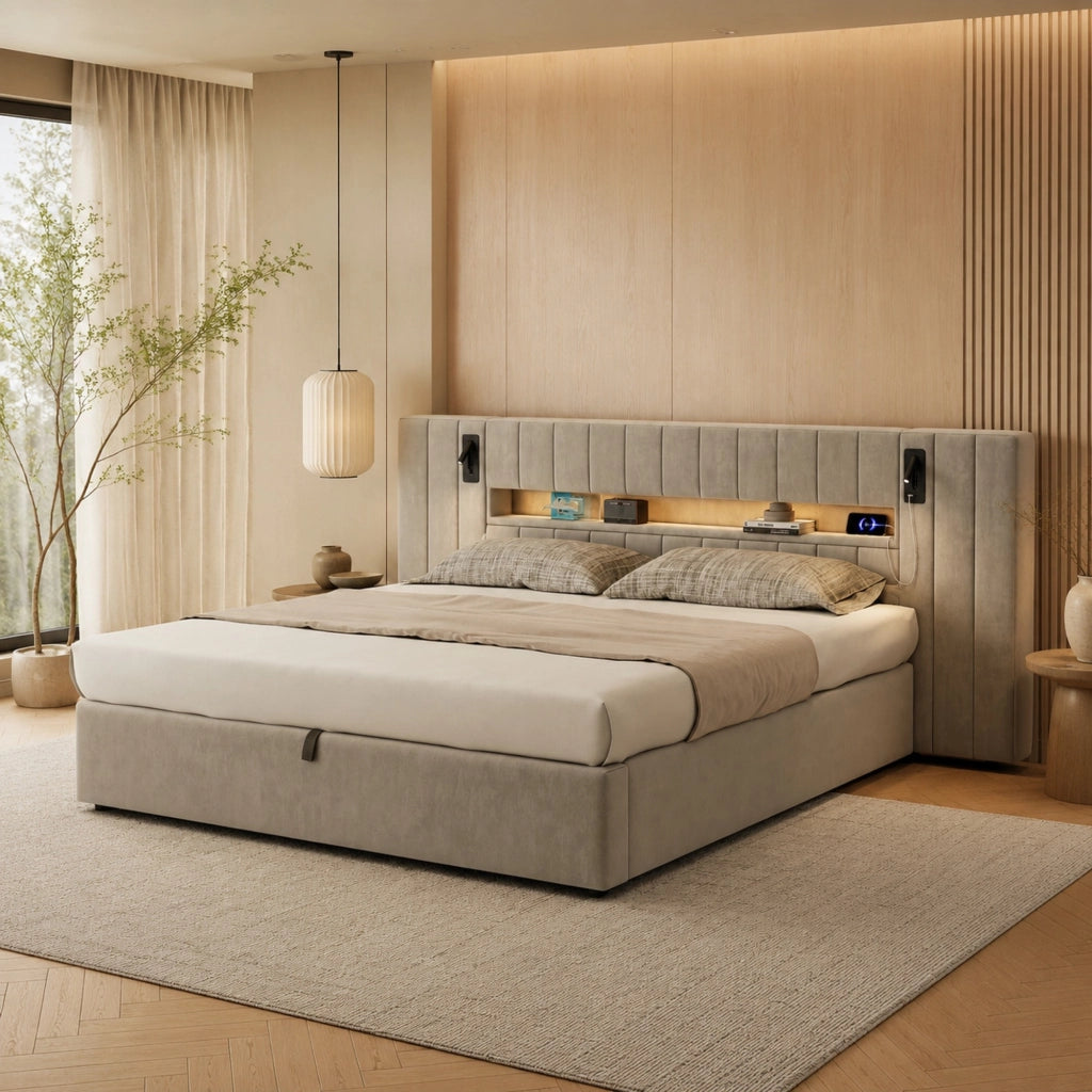 Letto contenitore 180 × 200 cm imbottito con LED porte USB lampade da comodino rivestito in velluto grigio