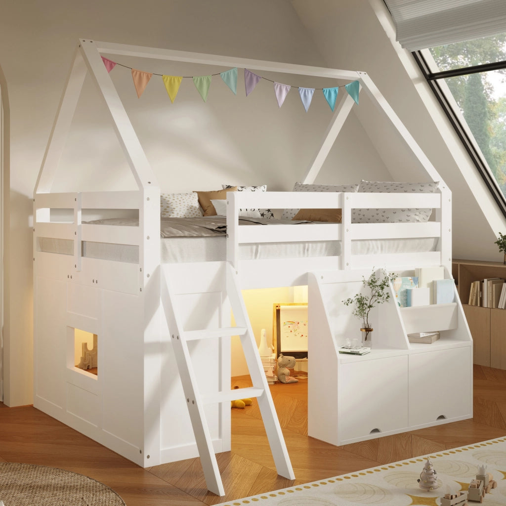 Letto a Soppalco 140x200 cm con LED; Contenitore; Scala e Sponde; Bianco