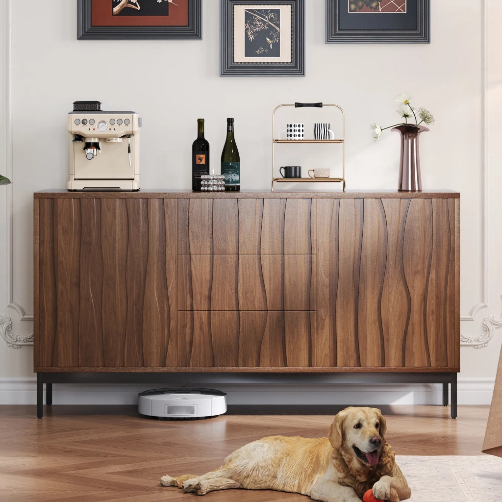 Sideboard 150 cm in legno di quercia scuro venato, stile Mid Century Modern con 3 cassetti e ampia nicchia aperta. Mobile decorativo per cucina, soggiorno, ingresso e corridoio