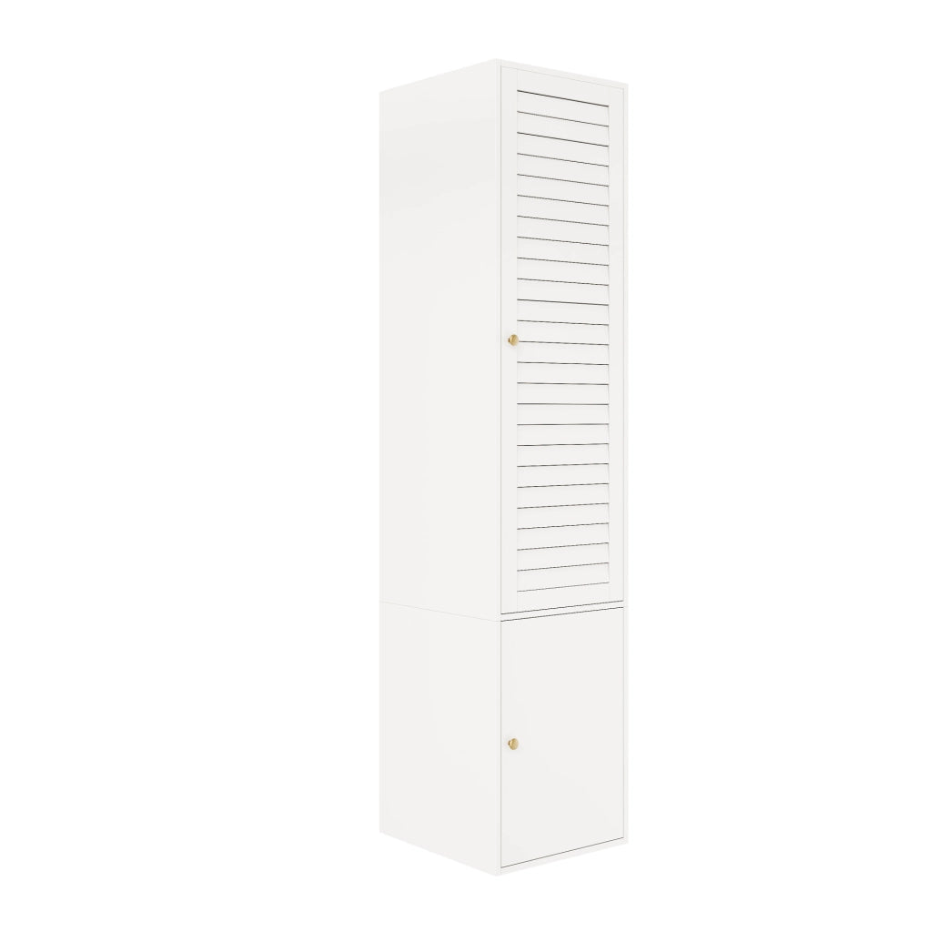 Guardaroba singolo con anta a lamelle, 45x50x200 cm, bianco, con 1 asta appendiabiti e 3 ripiani, design a battente