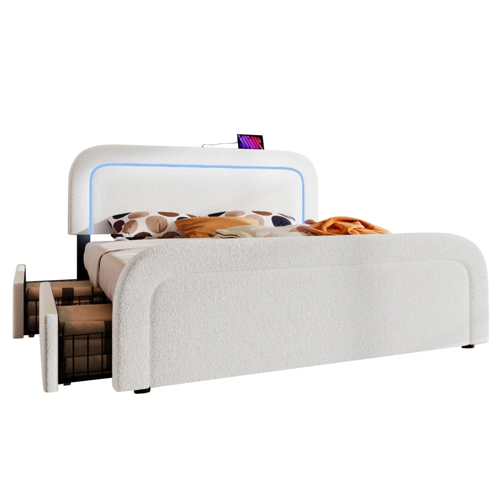 Letto matrimoniale 160x200 cm in sherpa bianco con materasso; 4 cassetti; LED e USB/Type-C HOMVRA