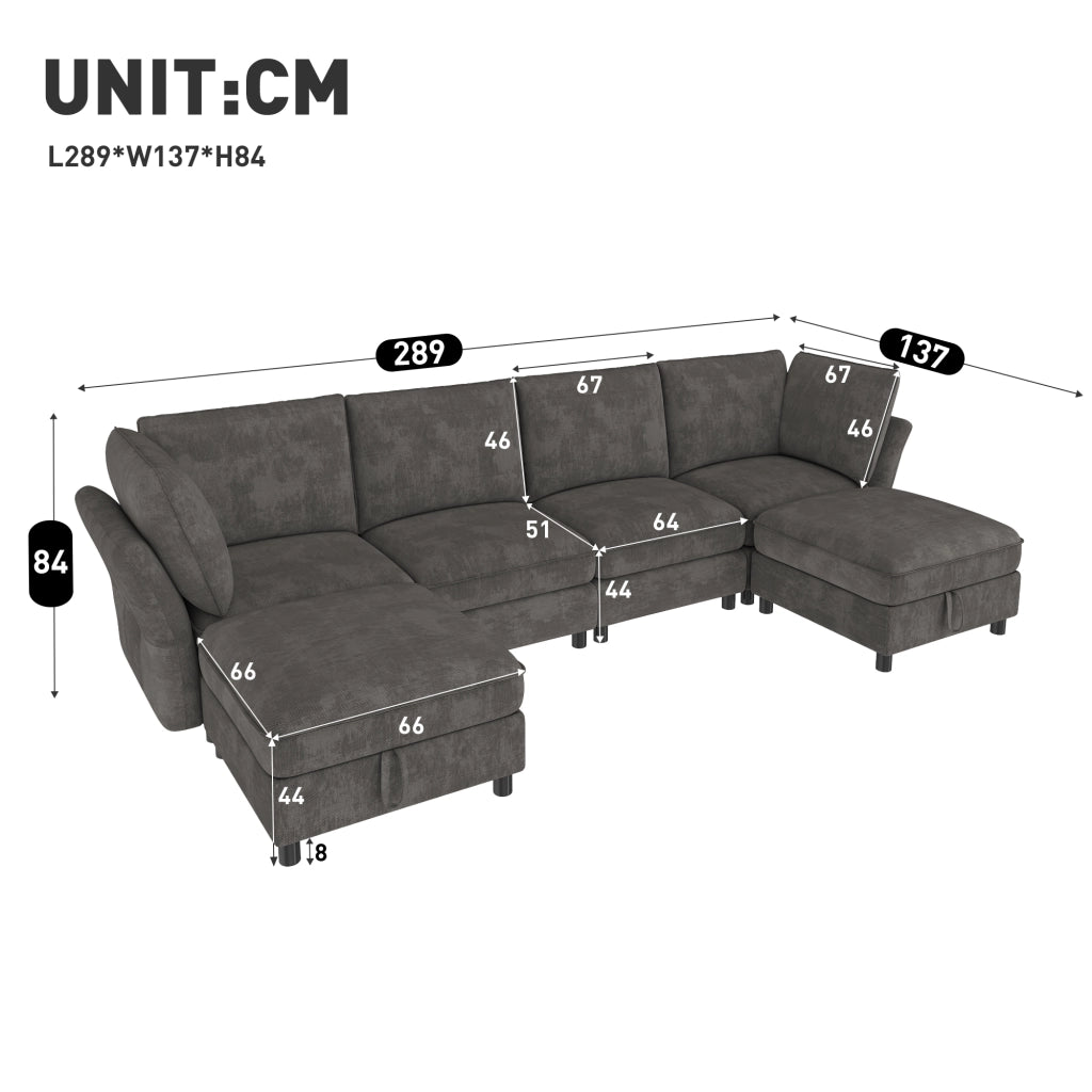 Divano modulare U 6 posti - con pouf contenitore e braccioli ergonomici - in chenille grigio