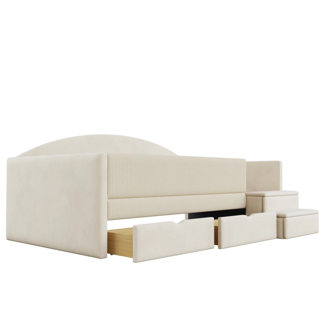 Letto per bambini imbottito 90 × 190 cm in velluto beige con due cassetti sponde gradini antiscivolo e rete a doghe