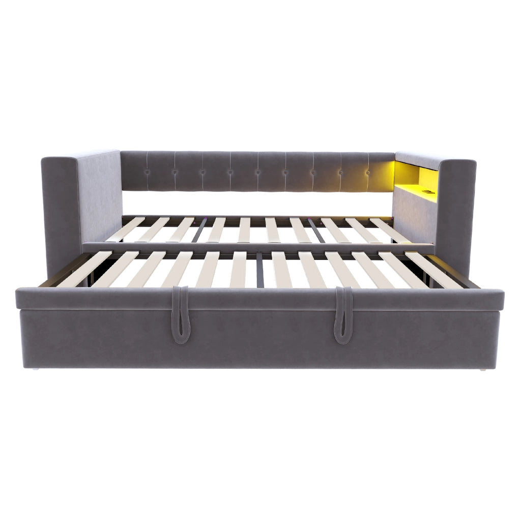 Divano letto 90x190 grigio scuro con LED; prese e contenitore