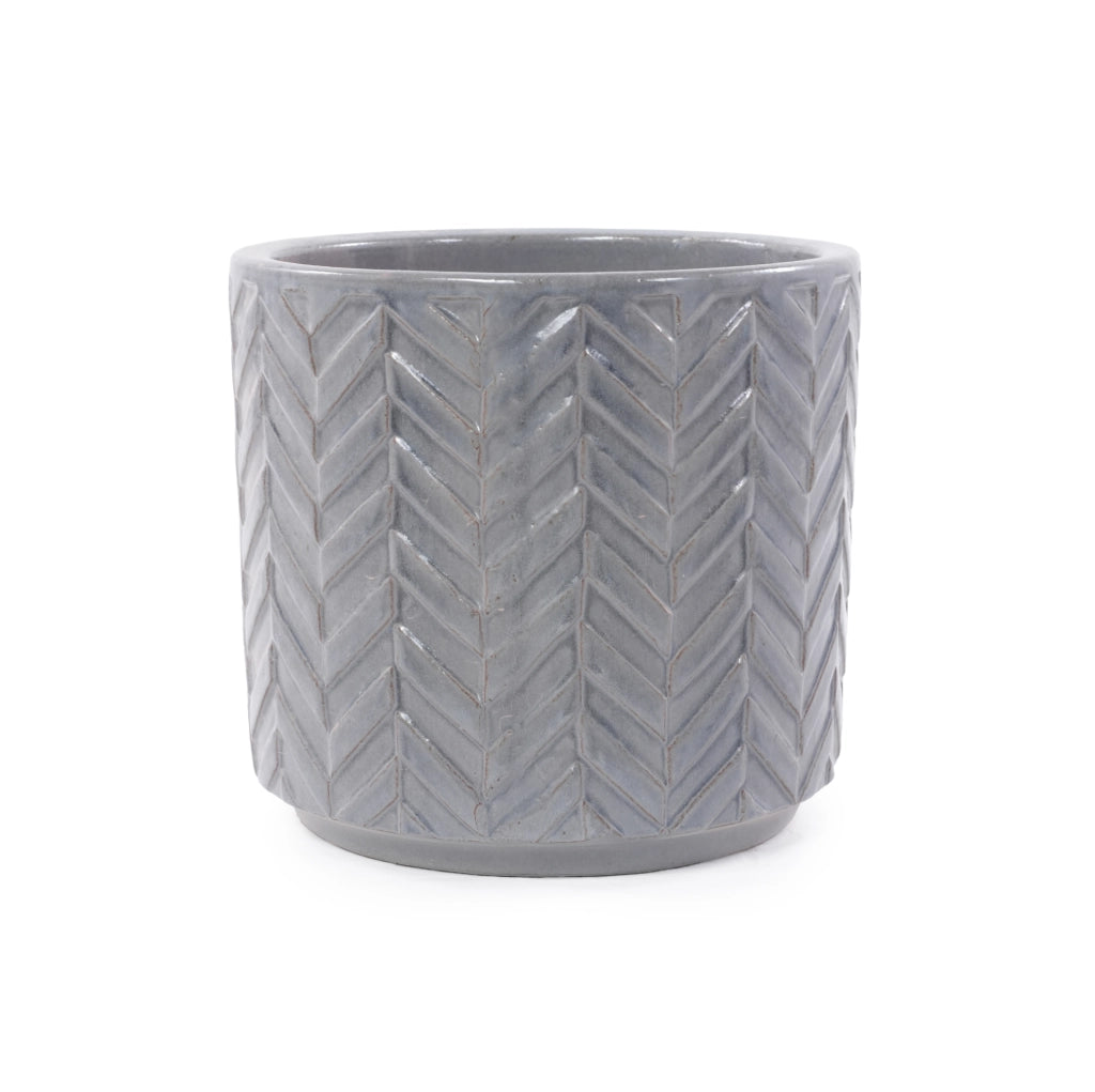 Vaso in ceramica media Ø31,5 cm con rilievo motivo spina di pesce, colore grigio cenere lucido, con foro di drenaggio, resistente al gelo