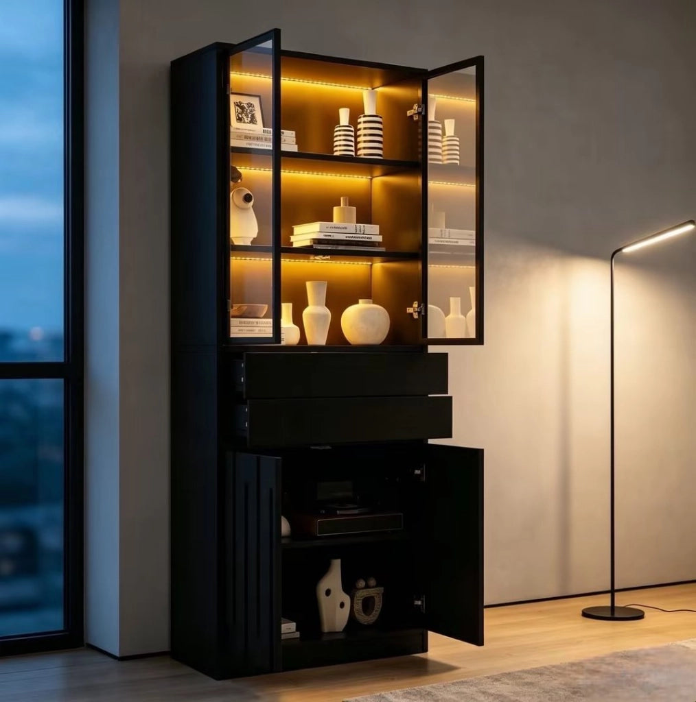 Set di 2 Vetrine Nero 70×34×180 cm in Truciolato con 2 Ante in Vetro, 2 Cassetti e Illuminazione LED Bluetooth