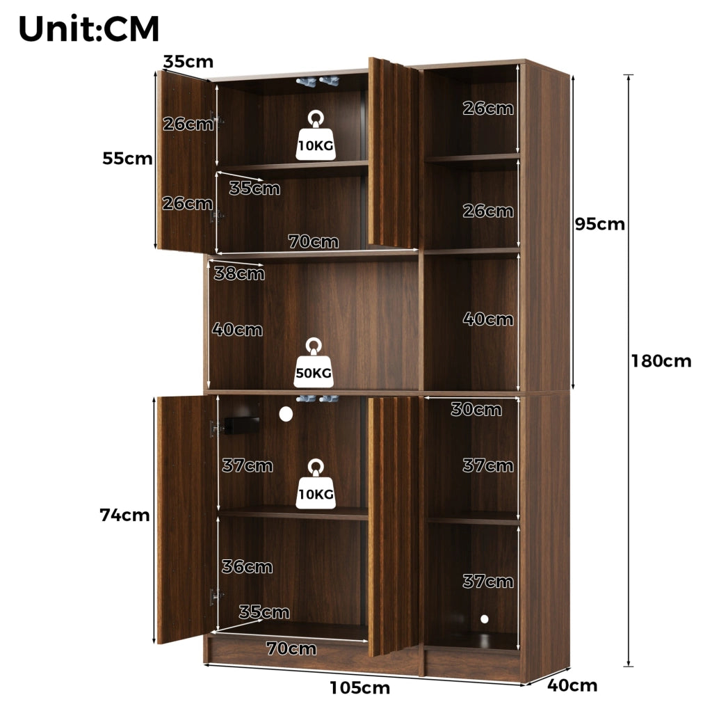 Mobile da cucina alto 105x40x180 cm con LED RGB; prese USB e 2 ante in MDF color noce