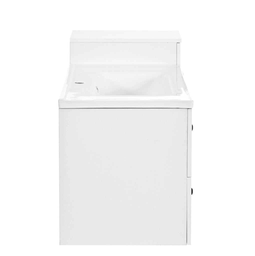 Set mobili bagno moderno 107 cm con lavabo in ceramica, 2 cassetti, mobile sottolavabo e colonna integrata bianco