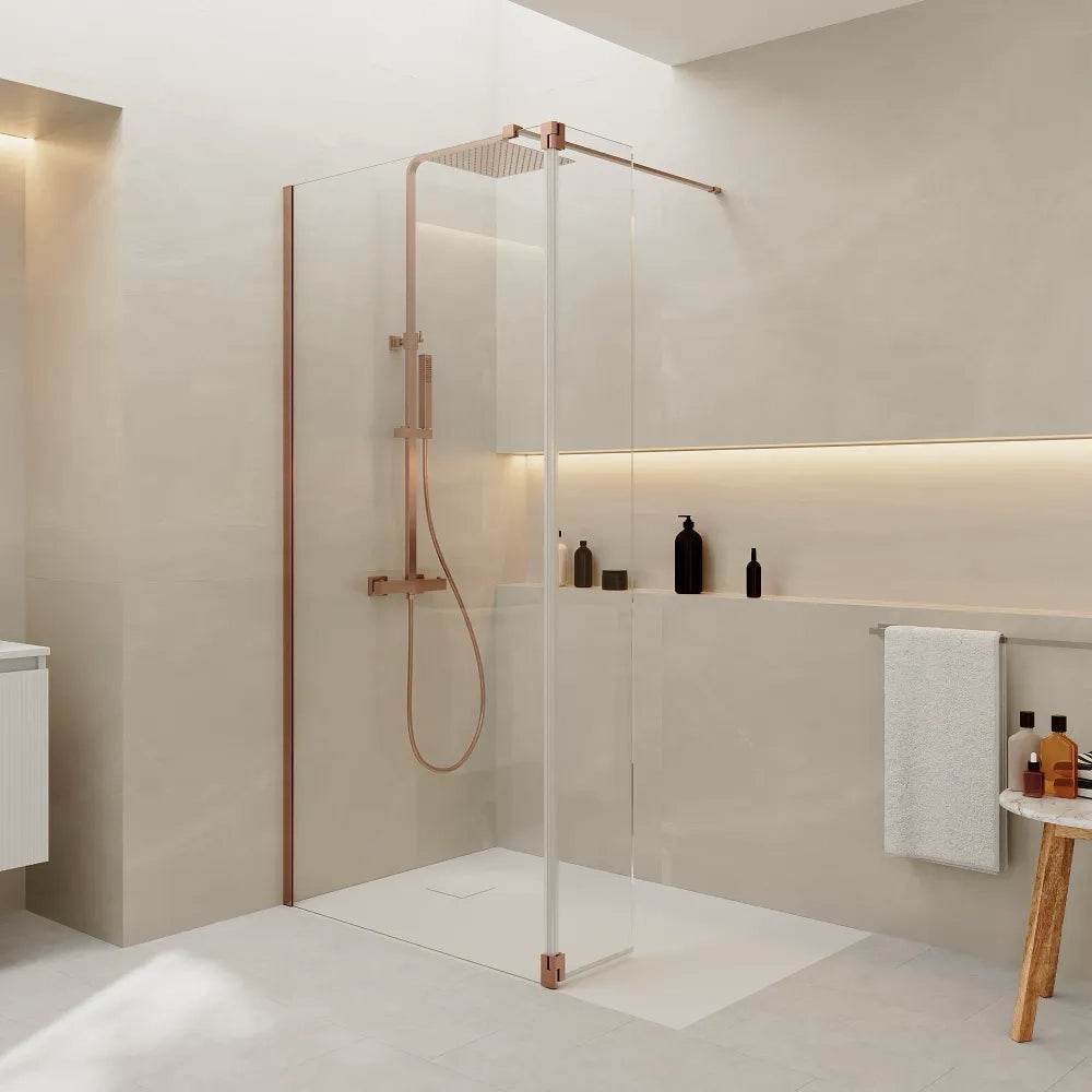 Doccia walk-in 120cm + anta girevole 40cm vetro 8mm trasparente anticalcare profili rame spazzolato h200 | Keros