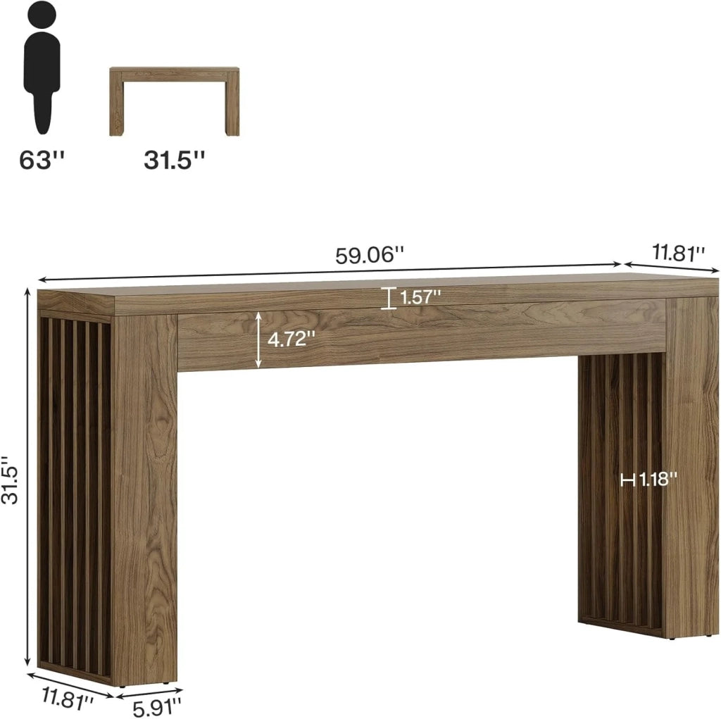 Consolle in MDF marrone con superficie effetto venature e dettagli laterali a lamelle; lunghezza 150 cm