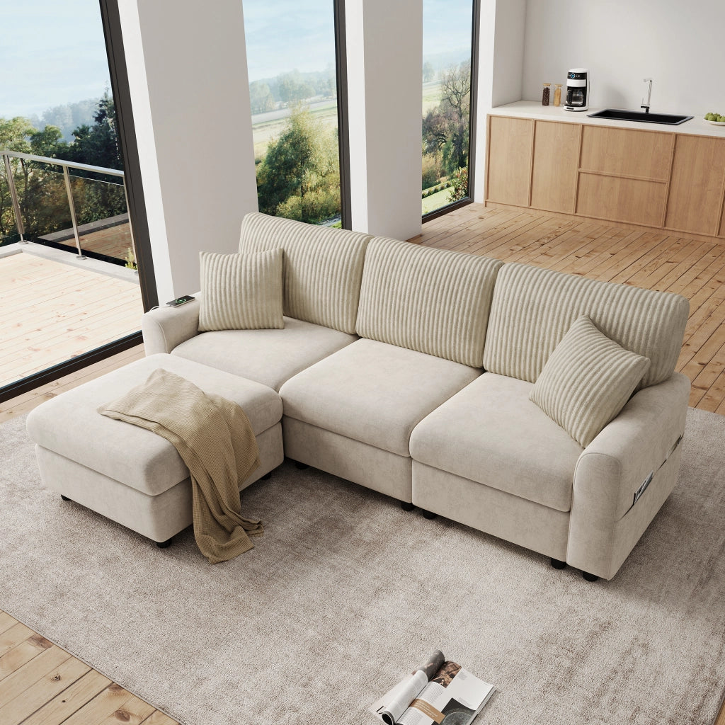 Divano dritto moderno con pouf mobile, porta USB e porta di tipo C, 2 cuscini quadrati, in ciniglia e velluto a coste beige