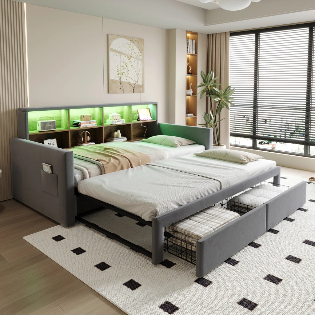 Letto divano 90×190 cm estensibile 180×190 cm con 2 cassetti; LED; USB e presa di tipo C; senza materasso; grigio