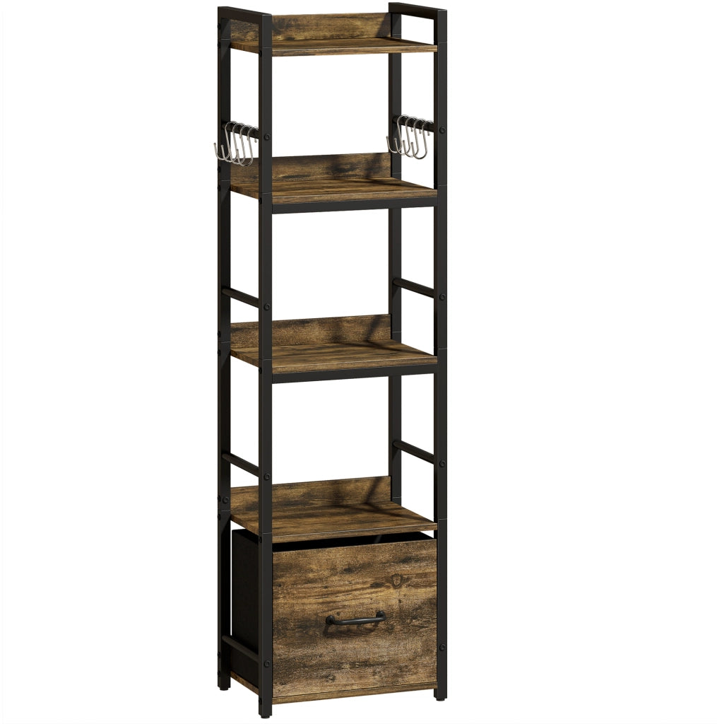 Libreria stretta a 4 ripiani con cassetto e 8 ganci, 39x26x136,5 cm, colore marrone rustico