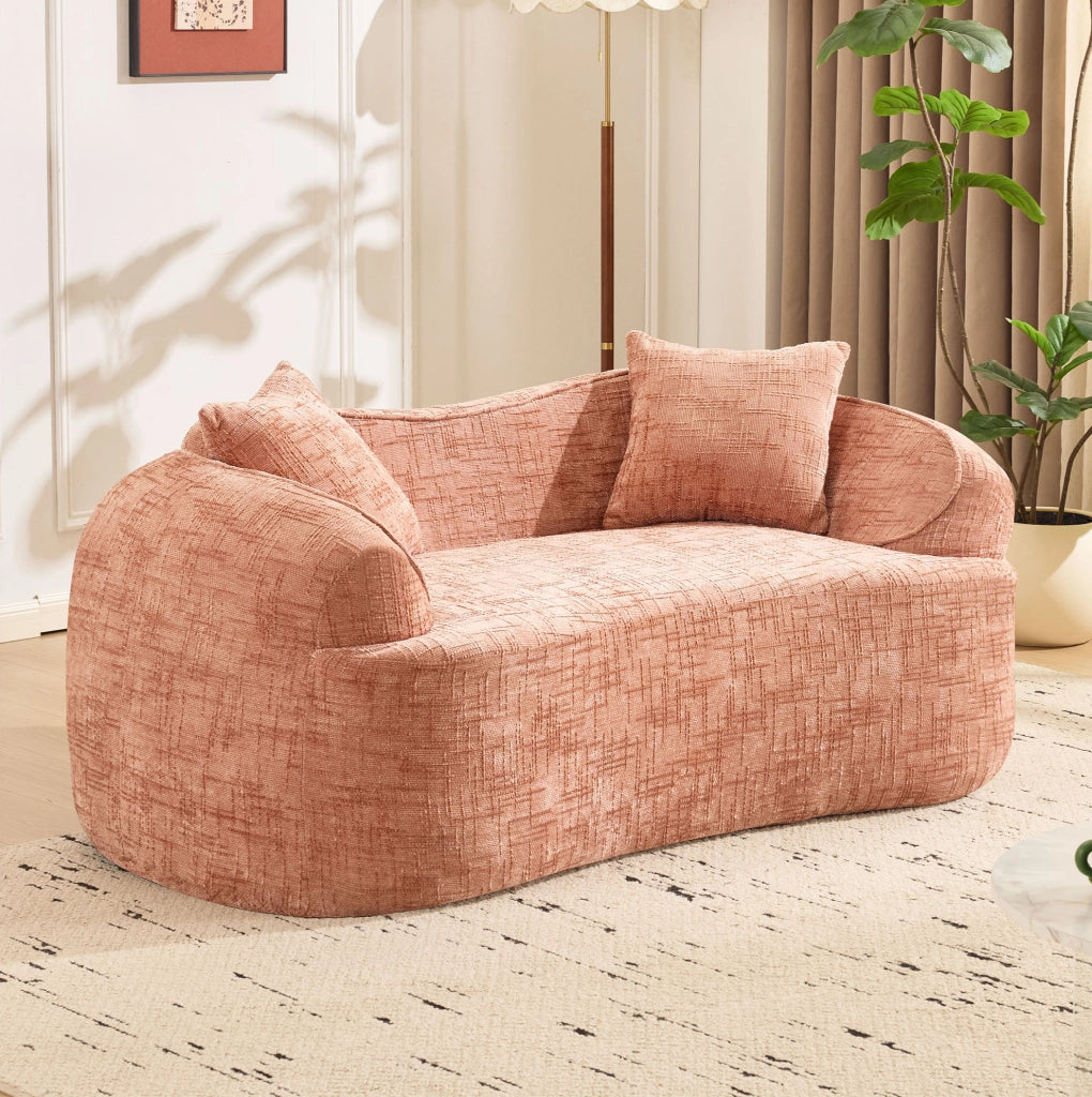 Divano 2 posti curvo con braccioli e 2 cuscini, crema, design compatto senza montaggio