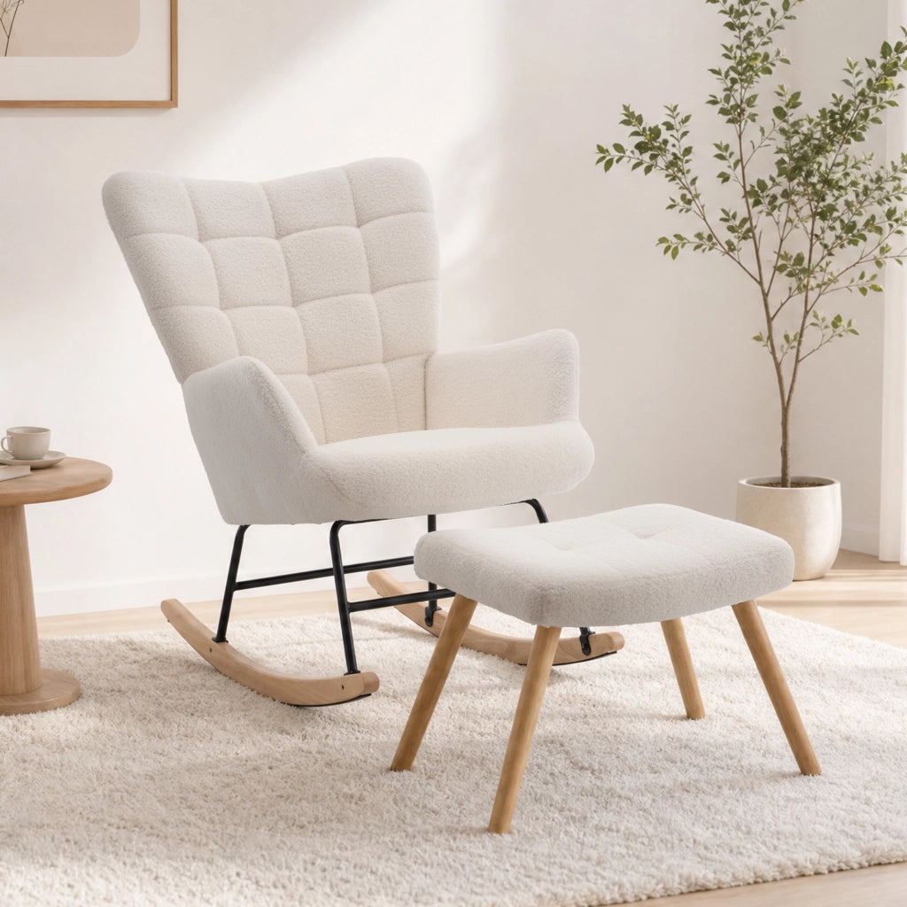 Sedia a dondolo 91x61x88 cm con poggiapiedi in lana d'agnello beige