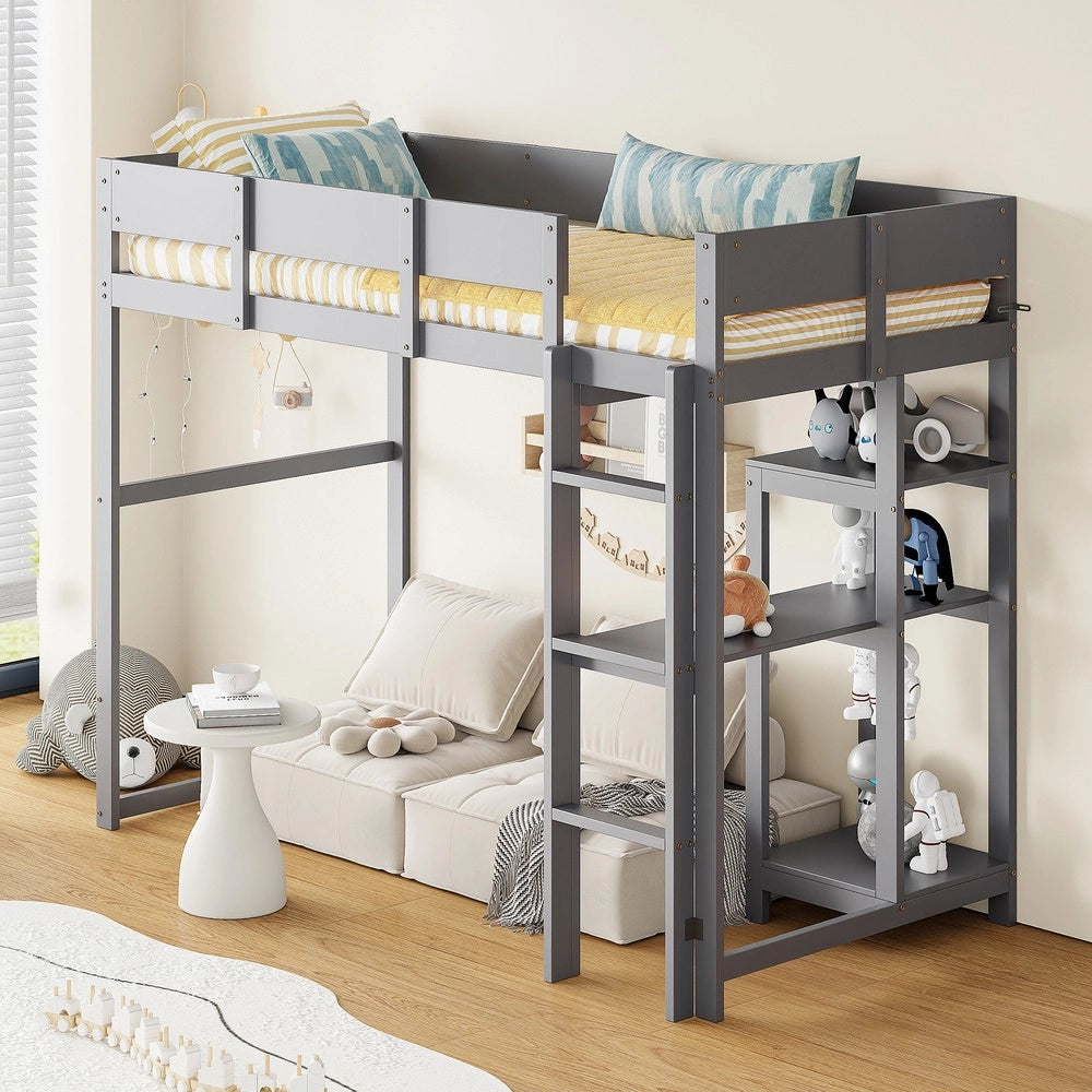 Letto a Soppalco con Ripiano ¨C Xylo ¨C Pino Massello, Grigio, 90x200