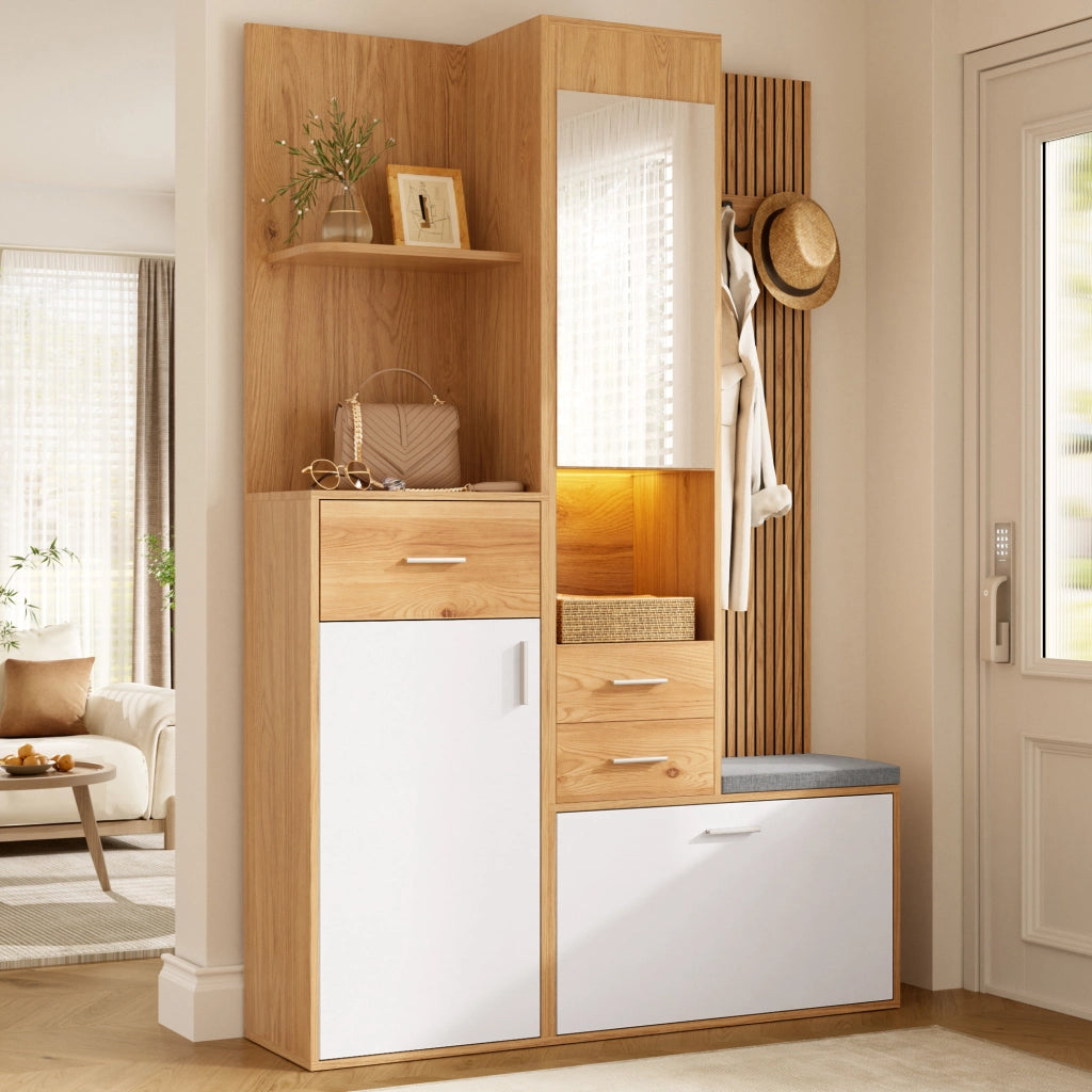 Mobile da ingresso con specchio, panca, cassetti e scarpiera a ribalta LED, bianco e naturale, 120 × 32 × 178 cm