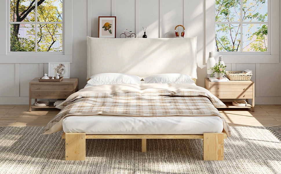 Letto imbottito 140x200 cm in legno di pino con schienale imbottito; naturale
