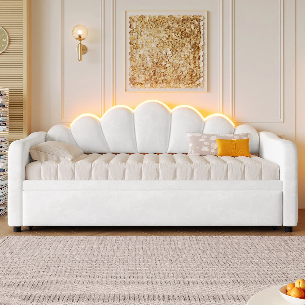 Letto estraibile 90 x 200 cm con LED, divano letto imbottito con posto letto sollevabile o a terra e reti incluse, bianco, per camera moderna