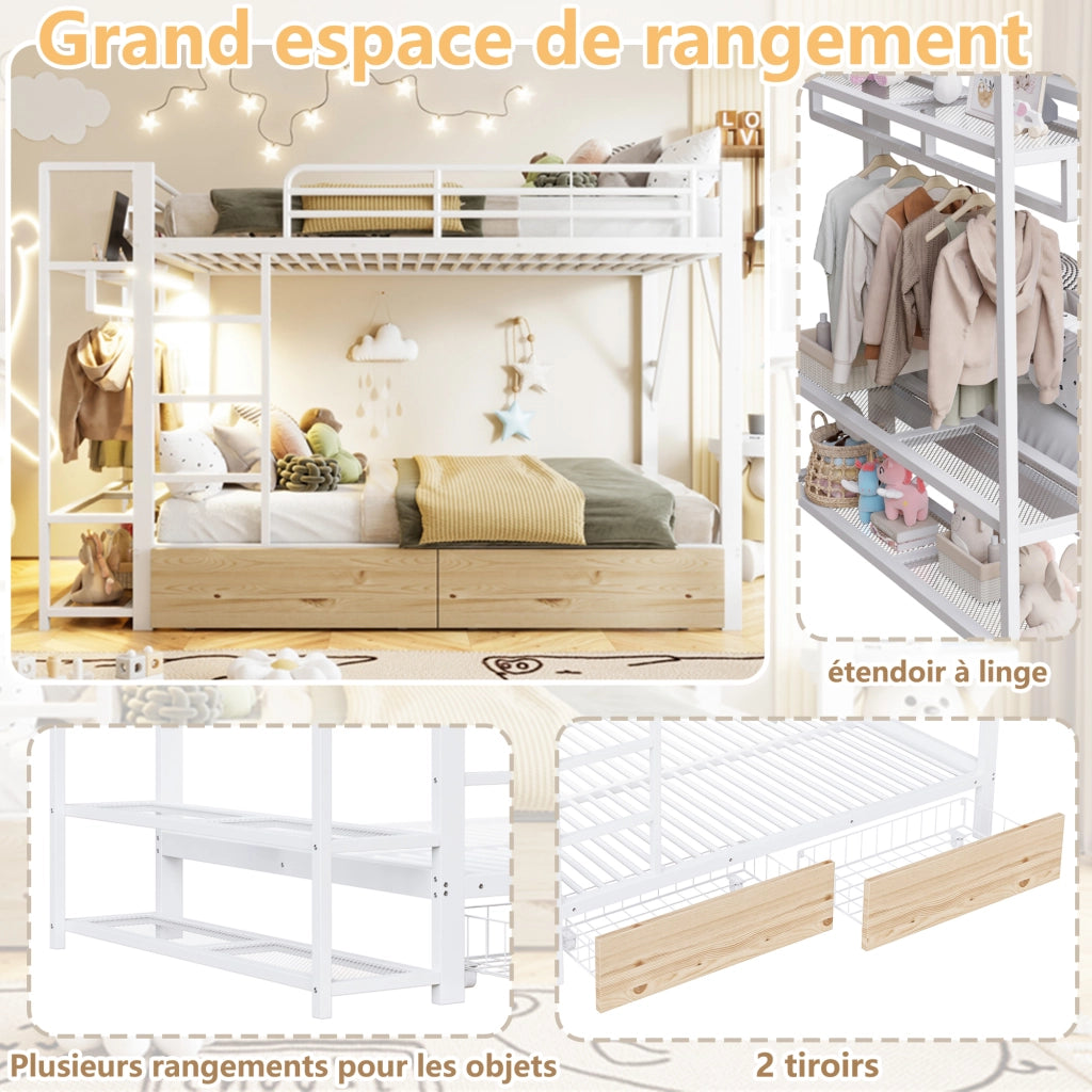 Letto a castello 140 × 200 cm con struttura in metallo e MDF bianco LED app due cassetti ripiani e stendino