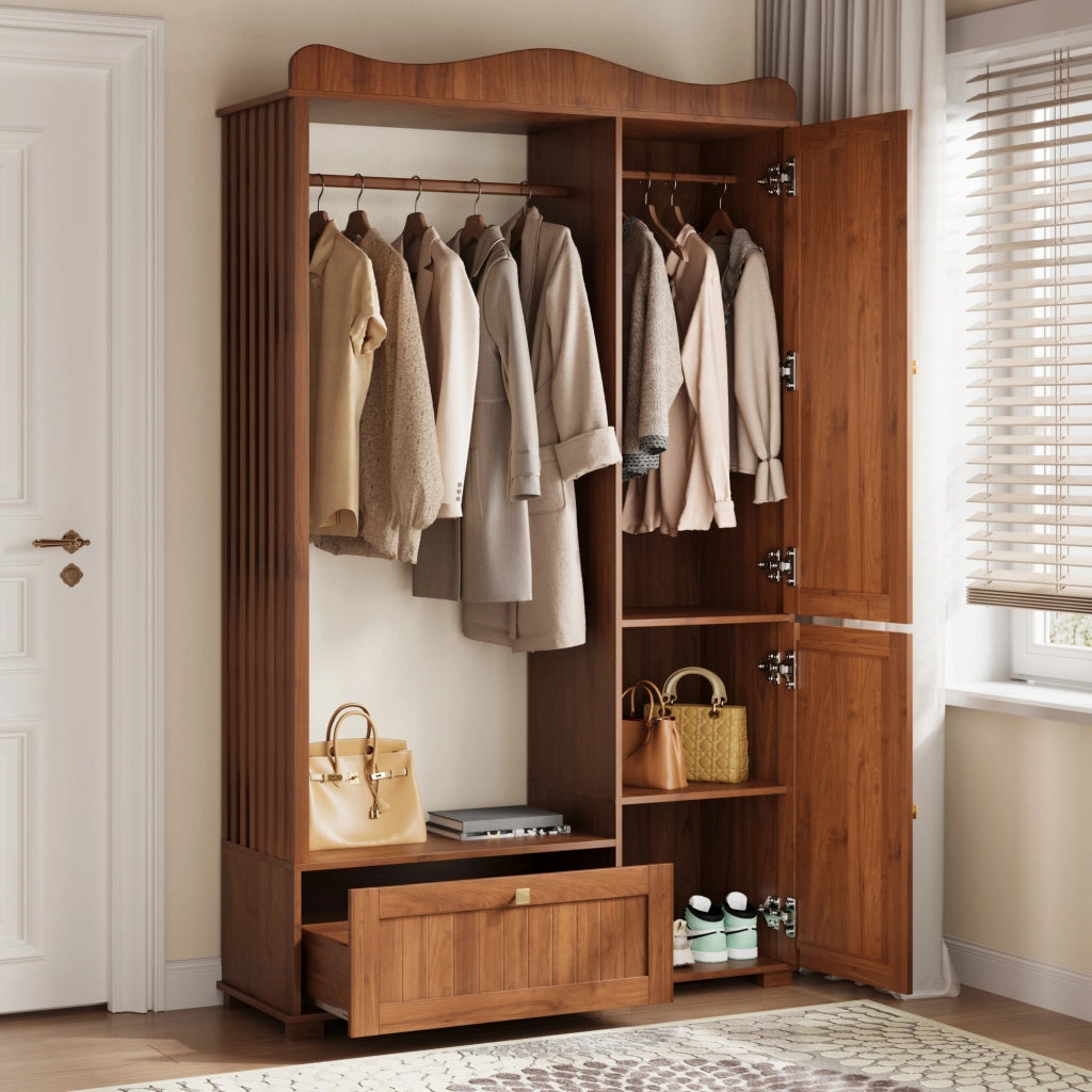 Guardaroba aperto con specchio intero barra appendiabiti ante e cassetti in MDF color noce 115.5 × 38.5 × 194.5 cm
