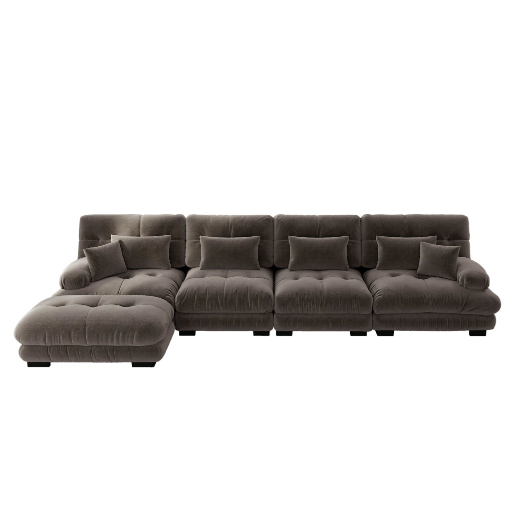 Set di divani modulari in ciniglia marrone con ottomane mobili