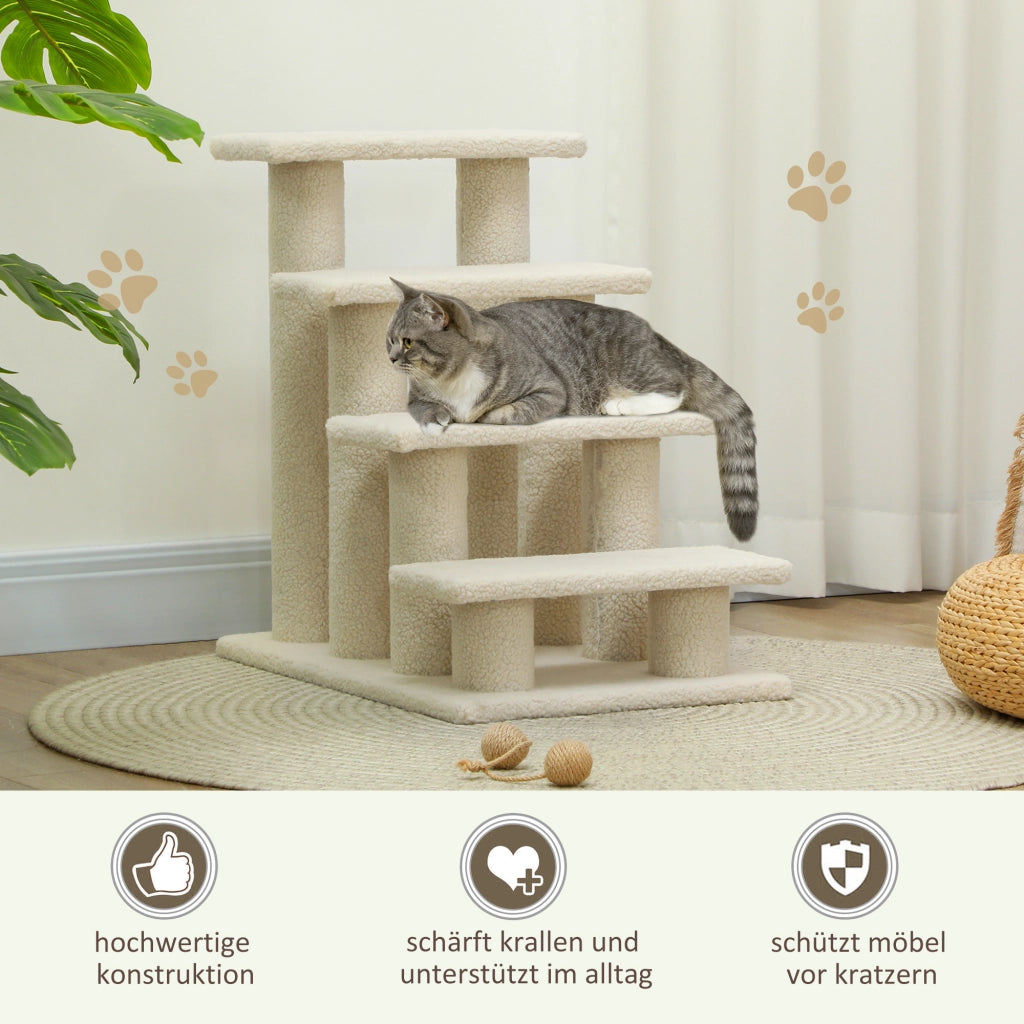 Scala per animali a 4 gradini con tiragraffi in peluche color crema per cani e gatti 63.5 × 43 × 60 cm