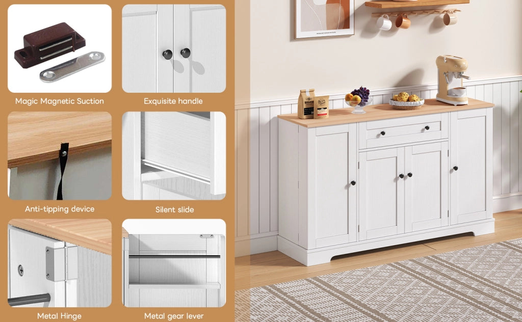 Buffet da cucina multifunzione 138 cm con cassetto, ante e ripiani regolabili, design moderno con sistema anti-ribaltamento