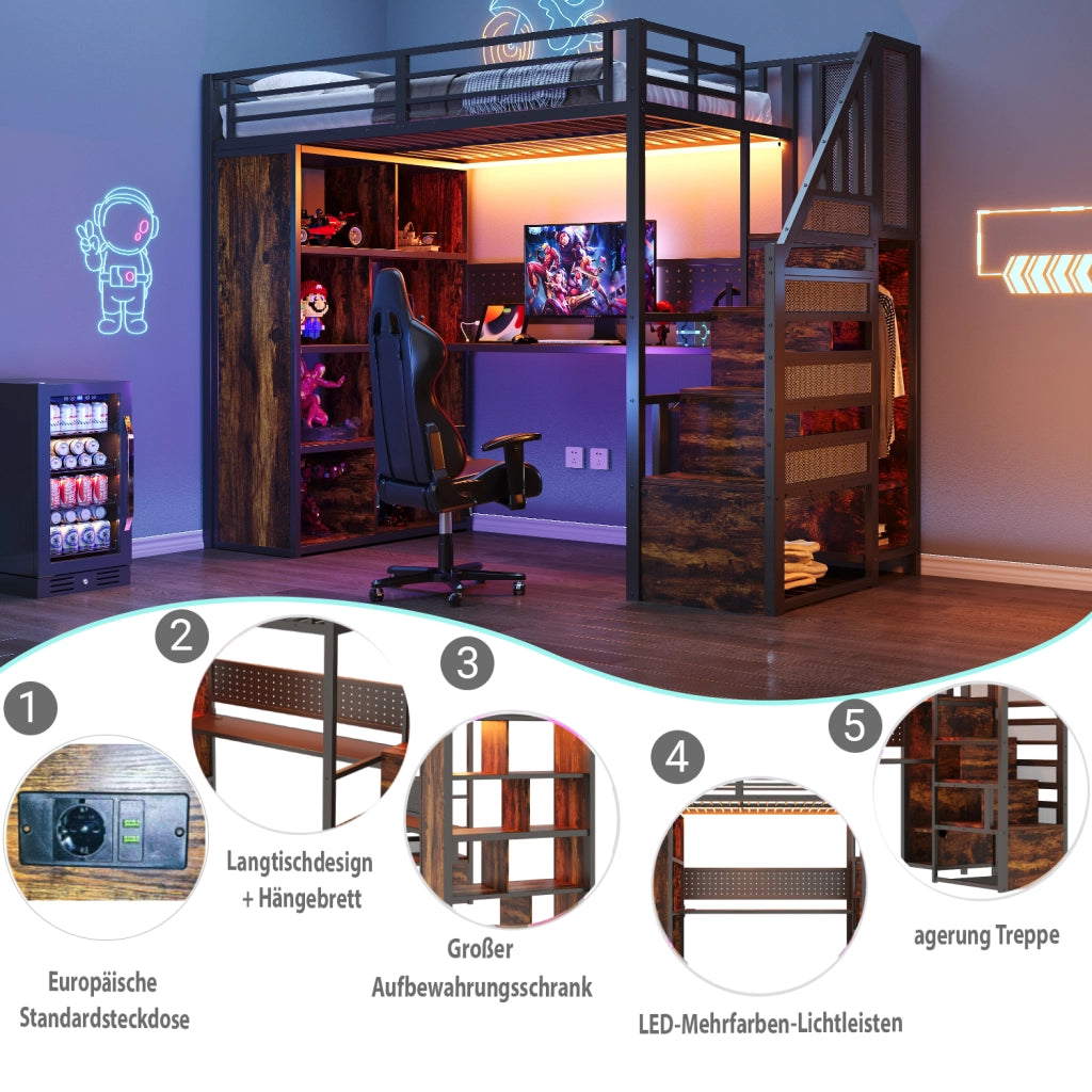 Letto a soppalco singolo 90 × 200 cm con scrivania, armadio, scala contenitore e luci LED, senza materasso, nero
