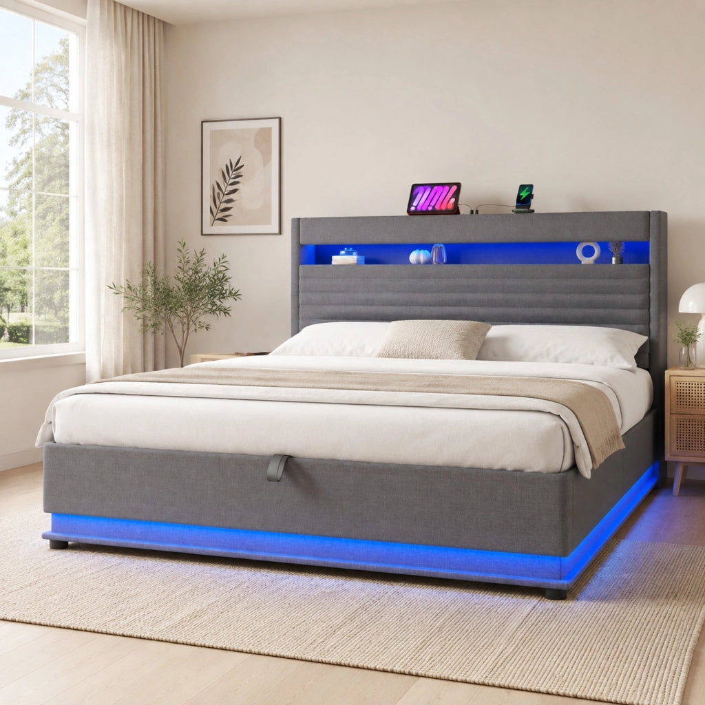 Letto imbottito 180 × 200 cm con contenitore idraulico; LED; USB e USB-C; lino grigio