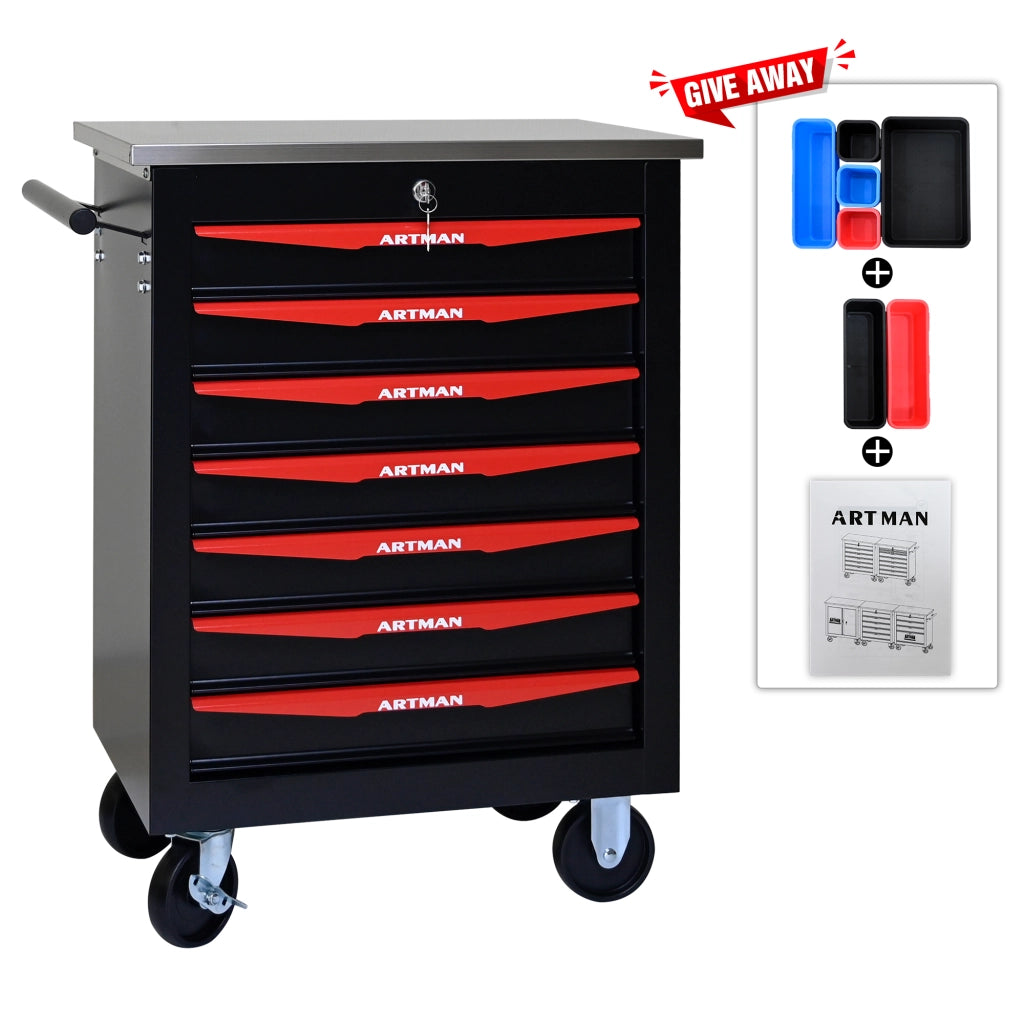 Carrello portautensili con 7 cassetti chiudibile a chiave in acciaio con ruote nero e rosso 62.5 × 34.5 × 78 cm